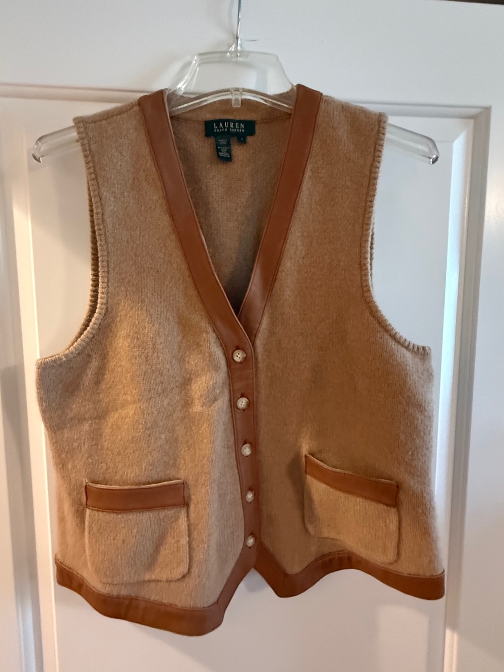 Lauren Ralph Lauren Camel/Tan Wool Blend Vest with Leather Trim